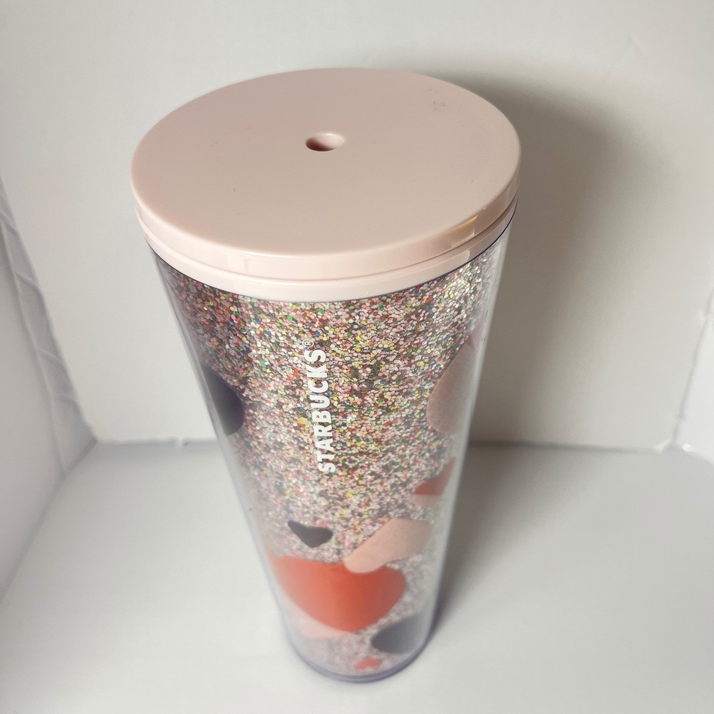 Starbucks Tumbler Glitter Confetti Hearts 24 oz‎ Cold Cup Valentine Pink